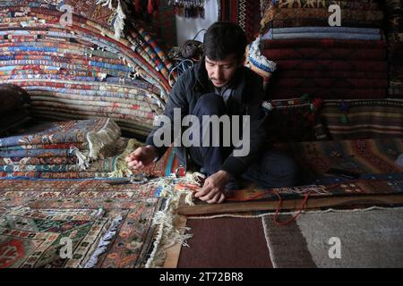 Kaboul, Afghanistan. 8 novembre 2023. Un homme tisse un tapis à Kaboul, Afghanistan, le 8 novembre 2023. POUR ALLER AVEC 'Feature : les Afghans dans l'industrie du tapis regardant le marché chinois pour augmenter l'interaction' crédit : Saifurahman Safi/Xinhua/Alamy Live News Banque D'Images