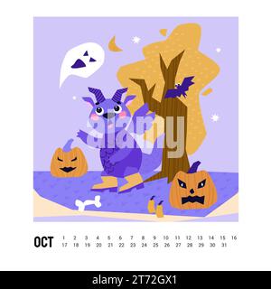 Calendrier Dragon. Octobre. Dragon célèbre Halloween. Citrouilles effrayantes, fantômes et chauves-souris. Saison d'automne. Mignon personnage de mascotte de dessin animé Dragon. Joyeux Nouveau Illustration de Vecteur