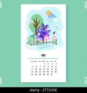 Calendrier Dragon 2024. Mai. Le dragon arrosant la fleur. Abeille, papillon. Mignon personnage de mascotte de dessin animé Dragon. Printemps saison d'été. Bonne année Illustration de Vecteur