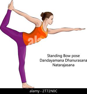 Jeune femme faisant du yoga Dandayamana Dhanurasana ou Natarajasana. Posture de traction de l'arc debout. Difficulté intermédiaire. Illustration vectorielle isolée. Illustration de Vecteur