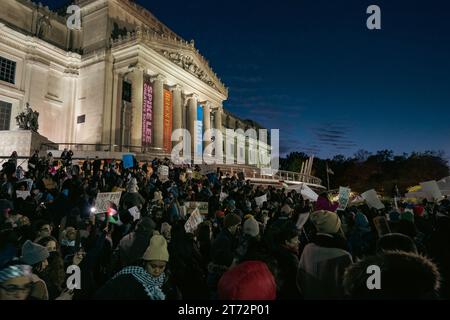 Brooklyn, États-Unis. 12 novembre 2023. Les enfants et leurs tuteurs appellent à un cessez-le-feu à Gaza sur les marches du Brooklyn Museum à Prospect Heights, Brooklyn, NY, le dimanche 12 novembre, 2023. le Secrétaire général de l ' ONU, Antonio Guterres, qualifie Gaza de " cimetière pour enfants " après plus d ' un mois de bombardements des Forces de défense israéliennes. (Photo de Cristina Matuozzi/Sipa USA) crédit : SIPA USA/Alamy Live News Banque D'Images
