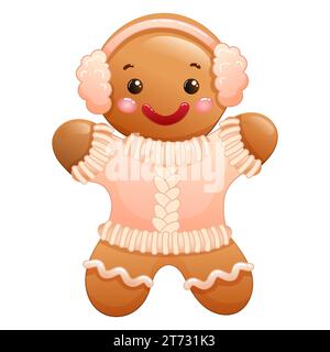 Illustration vectorielle d'un mignon biscuit de pain d'épice de Noël portant un pull et un casque Illustration de Vecteur