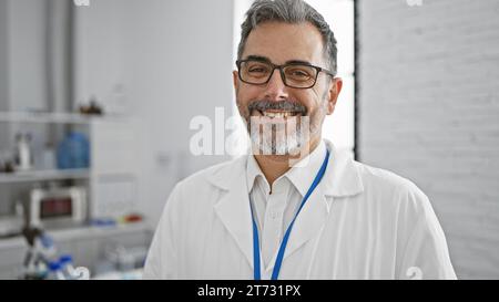 Débordant de confiance, souriant jeune homme hispanique, scientifique aux cheveux gris debout dans le laboratoire au milieu des expériences Banque D'Images