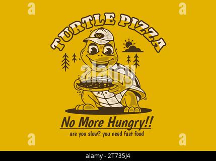 Pizza tortue, plus faim. Illustration de personnage de mascotte d'une tortue tenant une pizza Illustration de Vecteur