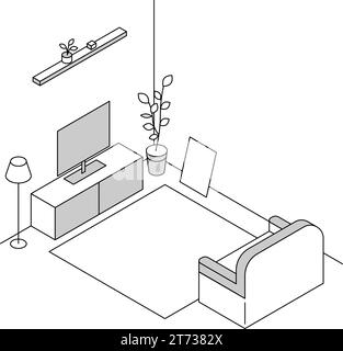 Trouver une chambre à louer: Salon, TV et canapé simple isométrique, Vector Illustration Illustration de Vecteur