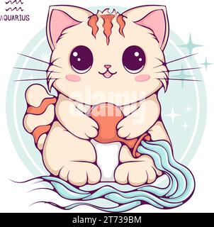 Aquarius mignon dessin animé zodiaque chat couleur Illustration de Vecteur