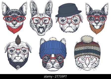 Vector Animal visages dans des lunettes de soleil aviateur, bandanas et chapeaux avec différents thèmes. collection d'animaux. Illustration de Vecteur