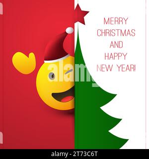 Joyeux Noël et bonne année! - Sourire, agiter et Winking Emoji avec chapeau de Père Noël rouge - carte avec Emoticon heureux brillant et arbre de Noël - Vecto Illustration de Vecteur