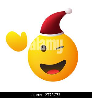 Joyeux Noël ! - Emoji jaune souriant et Winking avec chapeau de Père Noël rouge et main agitant - Emoticon heureux brillant simple, tête sur fond transparent Illustration de Vecteur