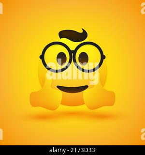 Souriant joyeux Jeune mâle Nerd Emoji avec des cheveux et des lunettes montrant Double pouce vers le haut - simple émoticône heureux sur fond jaune - Vector Desi Illustration de Vecteur