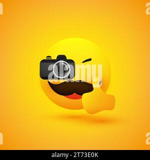 Simple Happy Smiling Homme photographe Emoji avec moustache regardant et prenant une photo avec un appareil photo numérique et montrant les pouces vers le haut - émoticône sur Illustration de Vecteur