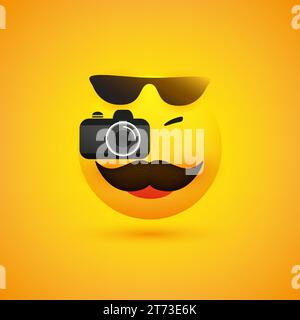 Simple heureux souriant photographe masculin Emoji avec moustache portant des lunettes de soleil sur le dessus de sa tête, regardant et prenant la photo avec un C numérique Illustration de Vecteur