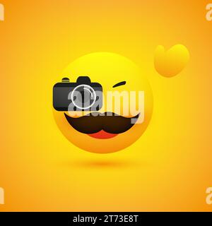 Simple sourire heureux agitant photographe masculin Emoji avec moustache regarder et prendre une photo avec un appareil photo numérique - Emoticon sur fond jaune Illustration de Vecteur