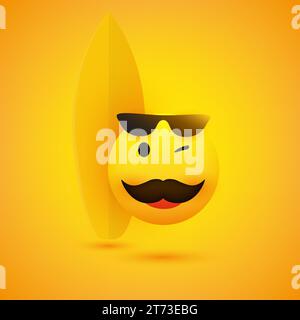 Simple Happy joyeuse Winking Homme surfeur Emoticon avec moustache portant des lunettes de soleil sur le dessus de sa tête devant une planche de surf - Vector Design for Illustration de Vecteur