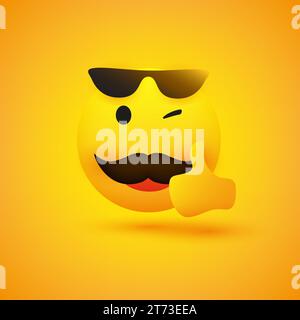 Smiling Emoji - simple joyeux Winking Homme surfeur Emoticon avec moustache portant des lunettes de soleil sur le dessus de sa tête et montrant Thumbs Up - VE Illustration de Vecteur