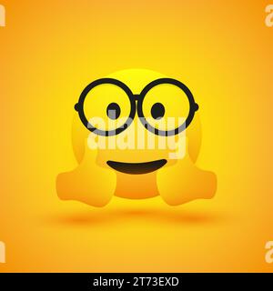 Souriant joyeux Jeune mâle Nerd Emoji avec des lunettes regardant et montrant Double pouce vers le haut - simple Happy Emoticon sur fond jaune - vecteur D Illustration de Vecteur