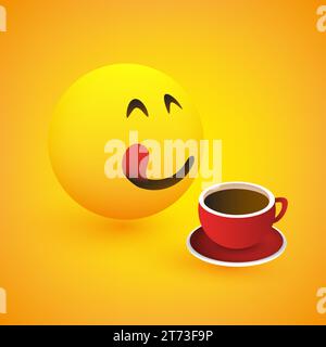 Bouche souriante 3D léchant visage, vue de côté avec tasse à café - simple émoticône heureux sur fond jaune - Vector Design Illustration de Vecteur