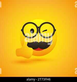 Emoji souriant - simple Happy Winking Emoticon avec moustache, lunettes et montrant les pouces vers le haut - Vector Design Illustration de Vecteur