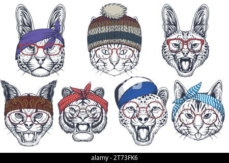 Vector Animal visages dans des lunettes de soleil aviateur, bandanas et chapeaux avec différents thèmes. Collection d'animaux V2 . Illustration de Vecteur