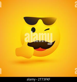 Sourire Emoji - simple heureux Winking jaune Emoticon avec moustache et lunettes de soleil montrant les pouces vers le haut - Vector Design pour le Web et l'application de messagerie instantanée Illustration de Vecteur