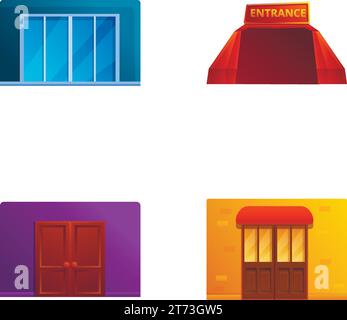 Les icônes d'entrée définissent le vecteur de dessin animé. Porte d'entrée en verre et en bois. Détails extérieurs Illustration de Vecteur