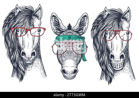 Vector Animal visages dans les lunettes de soleil aviateur et bandanas . Collection cheval et âne V4 Illustration de Vecteur