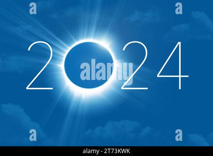 Art pour prévisualiser l'éclipse solaire totale aux USA, 8 avril 2024. Il s'agit d'une illustration qui simule une vue d'une éclipse totale. Banque D'Images