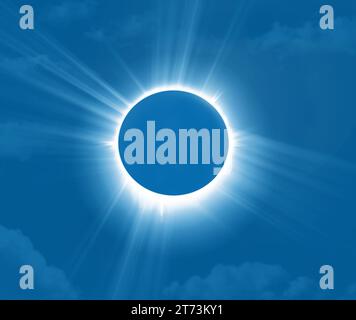 Art pour prévisualiser l'éclipse solaire totale aux USA, 8 avril 2024. Il s'agit d'une illustration qui simule une vue d'une éclipse totale. Banque D'Images