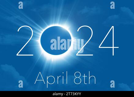 Art pour prévisualiser l'éclipse solaire totale aux USA, 8 avril 2024. Il s'agit d'une illustration qui simule une vue d'une éclipse totale. Banque D'Images