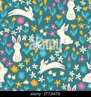 Mignons lapins blancs et fleurs de printemps, motif vectoriel sans couture. Idéal pour scrapbook, textile pour enfants. Illustration vectorielle Illustration de Vecteur