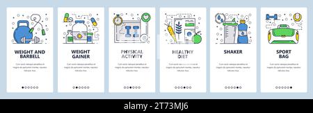 Modèle d'écrans d'intégration d'art linéaire de site Web Vector. Accessoires de fitness et de gym. Poids, barre, gainer de protéines, nourriture pour sportifs et régime alimentaire. Menu banne Illustration de Vecteur