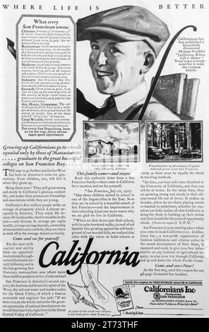 1927 Californie. Où la vie est meilleure ad. Écoles californiennes pour garçons à San Francisco page publicitaire. Californiens Inc. Banque D'Images