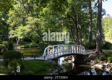 Un petit pont romantique dans un parc de la ville en bois, peint en blanc. Garez-vous à la lumière naturelle, par une journée ensoleillée d'été. Banque D'Images