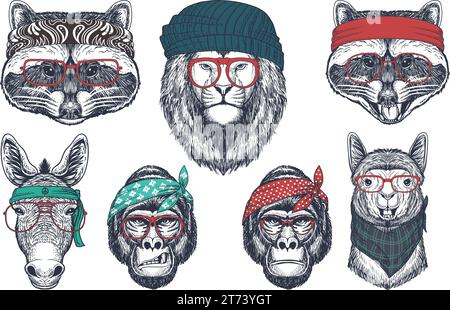 Vector Animal visages dans des lunettes de soleil aviateur, bandanas et chapeaux avec différents thèmes. Collection d'animaux version 3 Illustration de Vecteur