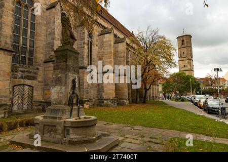 Église des prédicateurs et Gustav II Adolphe de Suède Fontaine à Erfurt Banque D'Images