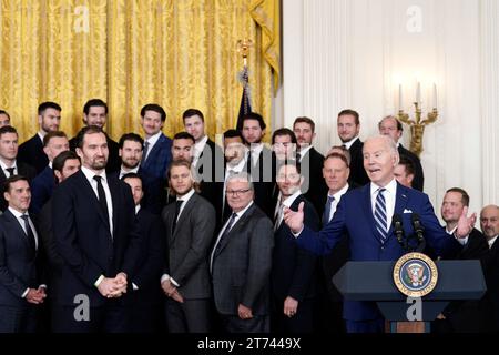 Washington, États-Unis. 13 novembre 2023. Le président AMÉRICAIN Joe Biden accueille les Golden Knights de Vegas pour célébrer leur victoire en coupe Stanley 2023 à la Maison Blanche à Washington le 13 novembre 2023. Photo de Yuri Gripas/ABACAPRESS.COM crédit : Abaca Press/Alamy Live News Banque D'Images