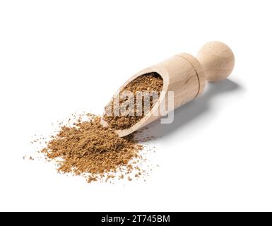 Cuillère et poudre de carvi aromatique (cumin persan) isolée sur blanc Banque D'Images