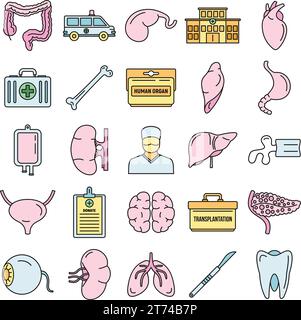 Jeu d'icônes d'organes de transplantation. Contour ensemble d'icônes de vecteur d'organe de transplantation couleur de ligne mince plat sur blanc Illustration de Vecteur