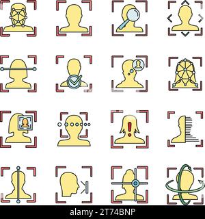 Jeu d'icônes d'identification des visages. Contour ensemble d'icônes de vecteur d'identification de visage couleur de ligne mince plat sur blanc Illustration de Vecteur