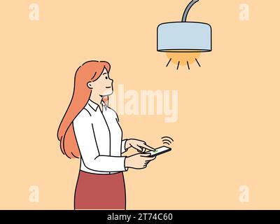 Femme contrôle la lampe par téléphone mobile avec iot ou application de maison intelligente pour allumer la lumière. Girl aime utiliser les technologies iot modernes intégrées au smartphone et augmenter le confort de vie Illustration de Vecteur