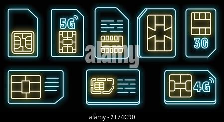 Icônes de carte de téléphone à puce définies. Contour ensemble d'icônes vectorielles de carte de téléphone à puce couleur néon sur noir Illustration de Vecteur