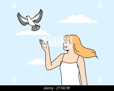 Femme libère colombe debout sous le ciel bleu d'été et regarder l'oiseau symbolisent l'espoir et la paix. Fille heureuse regarde avec le sourire à colombe s'élevant dans le ciel et aime communiquer avec la nature Illustration de Vecteur