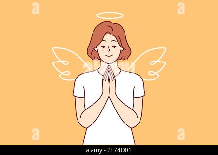 Femme avec des ailes et halo d'ange debout faisant le geste de prière, appelant les gens à être plus gentils et plus tolérants. Fille habillée en ange annonce des fonds de charité soutenant ceux dans le besoin. Illustration de Vecteur