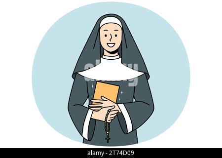 Une nonne souriante en robe traditionnelle tenant la bible et le rosaire entre les mains. Bonne sœur religieuse avec lits. Foi et religion. Illustration vectorielle. Illustration de Vecteur