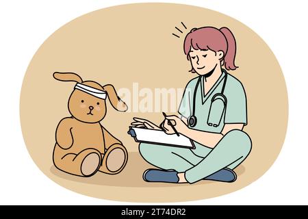 Sourire petite fille dans l'uniforme médical guérir ours en peluche. Enfant heureux consulter jouet bourré jouer agir comme médecin. Occupation future. Illustration vectorielle. Illustration de Vecteur