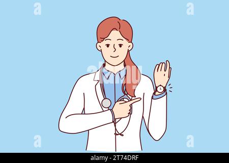 Femme médecin pointe à montre-bracelet rappelant le calendrier de médication ou le temps de visiter la clinique. Fille médecin en manteau blanc avec stéthoscope autour du cou sourires rapportant les heures d'ouverture de l'hôpital Illustration de Vecteur