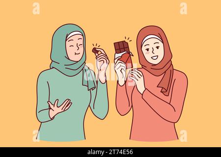 Deux femmes arabes mangent du chocolat et se réjouissent dans la course de l'hormone du bonheur, vêtues de foulards et de vêtements islamiques. Les filles recommandent d'essayer le chocolat à base de fèves de cacao naturelles et de crème biologique Illustration de Vecteur