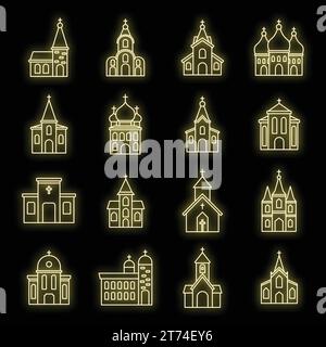 Icônes d'église de religion définies. Contour ensemble d'icônes vectorielles d'église de religion couleur néon sur noir Illustration de Vecteur