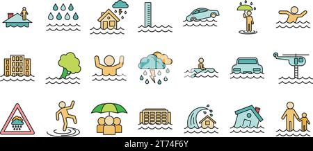Jeu d'icônes de cataclysme d'inondation. Contour ensemble d'icônes vectorielles de cataclysme d'inondation couleur de ligne mince à plat sur blanc Illustration de Vecteur