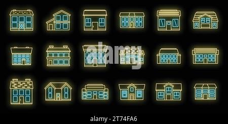 Ensemble d'icônes de maison de chalet. Contour ensemble d'icônes vectorielles de maison de chalet couleur néon sur noir Illustration de Vecteur